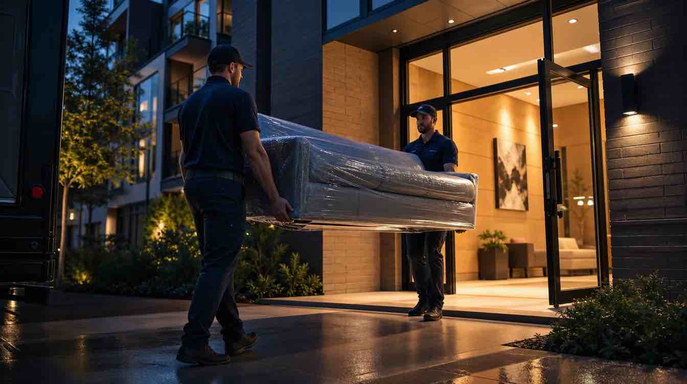 Two workers carrying wrapped furniture into lit lobby