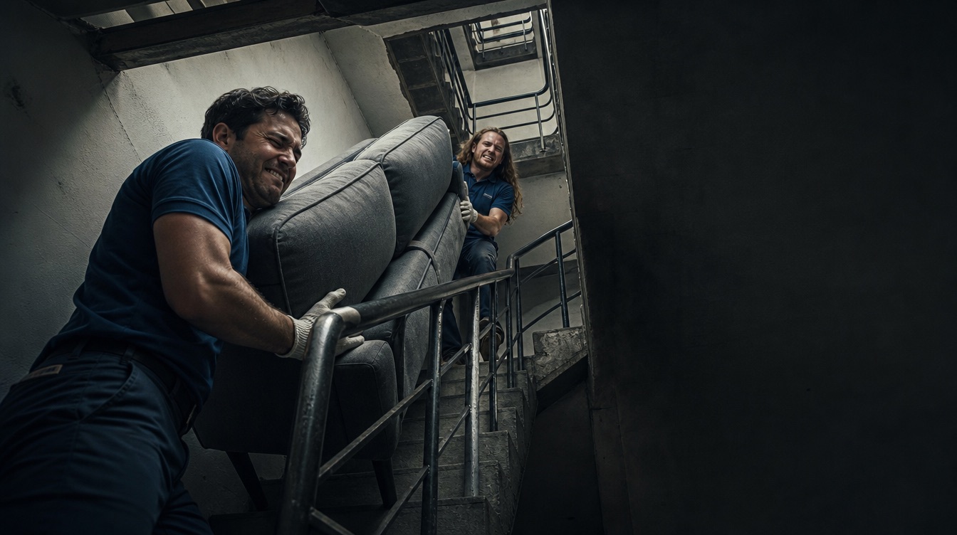Two workers struggling to carry a sofa up a fire stairwell