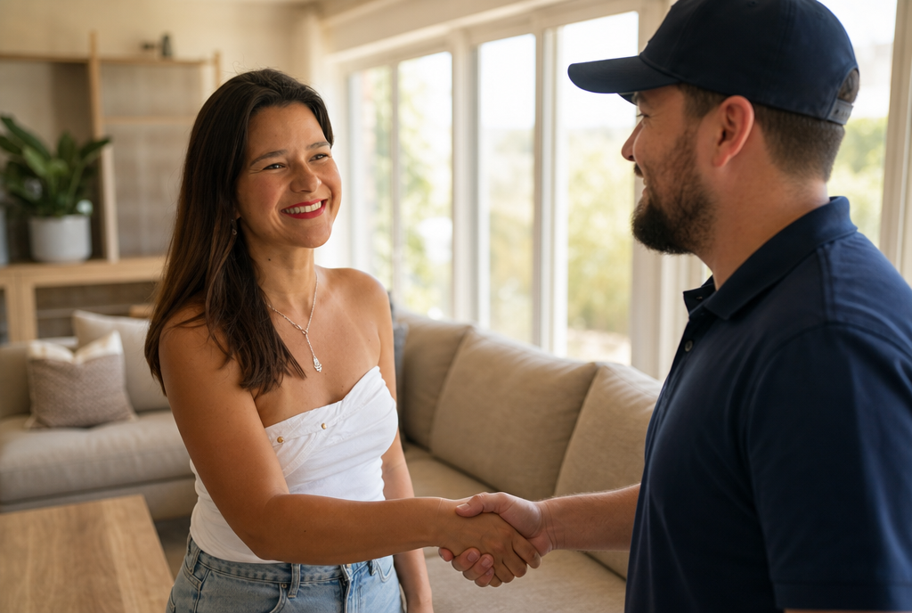 Happy customer shaking hands with the delivery crew after a successful delivery