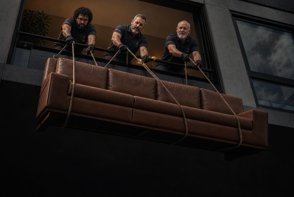 Furniture hoisted up via a risky rope-lift off a balcony