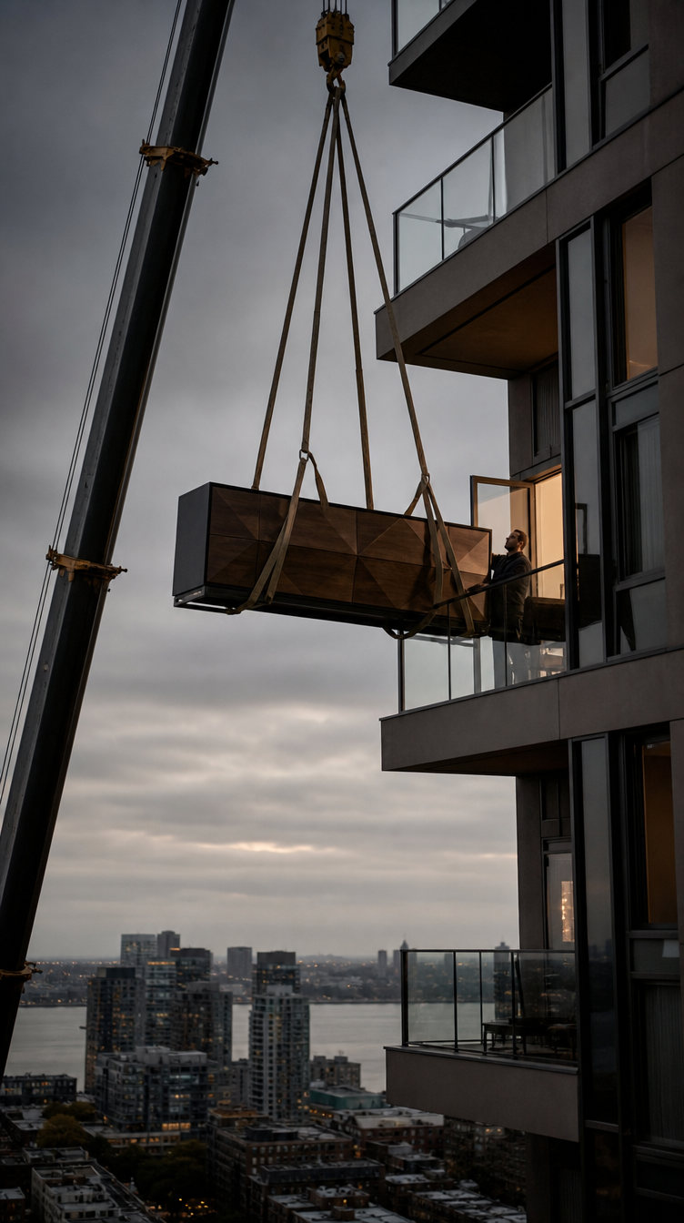 Sofa craned in from outside the building at huge cost