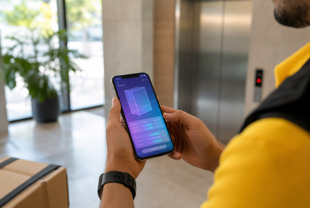 ElevatorMate app calculating all possible fit orientations on a phone